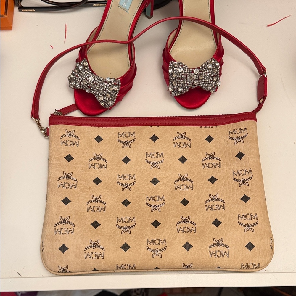 MCM Beige and Red Logo Clutch